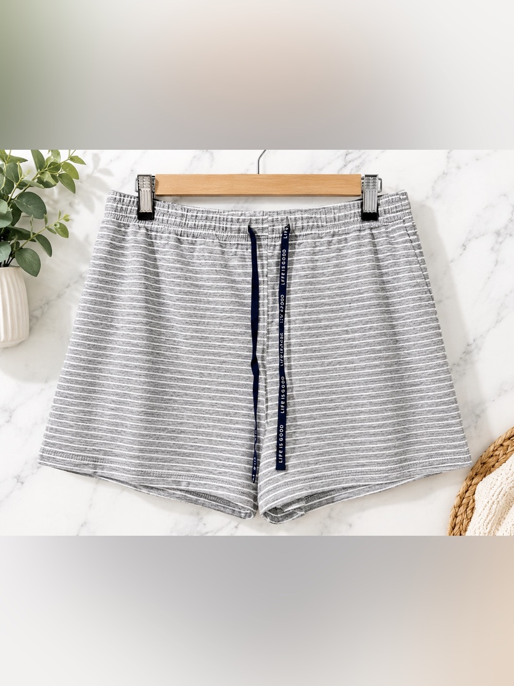 Life Is Good Gray and Navy Striped Women’s Sleep Shorts